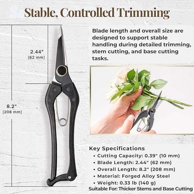 Wablade Japanese Pruning Shears Single-Edge, 8.2-Inch Precision Pruning Scissors for Thicker Stems & Base Cutting, Cuts Up to 0.39" (10 mm), Forged Alloy Steel Blade, Made in Japan