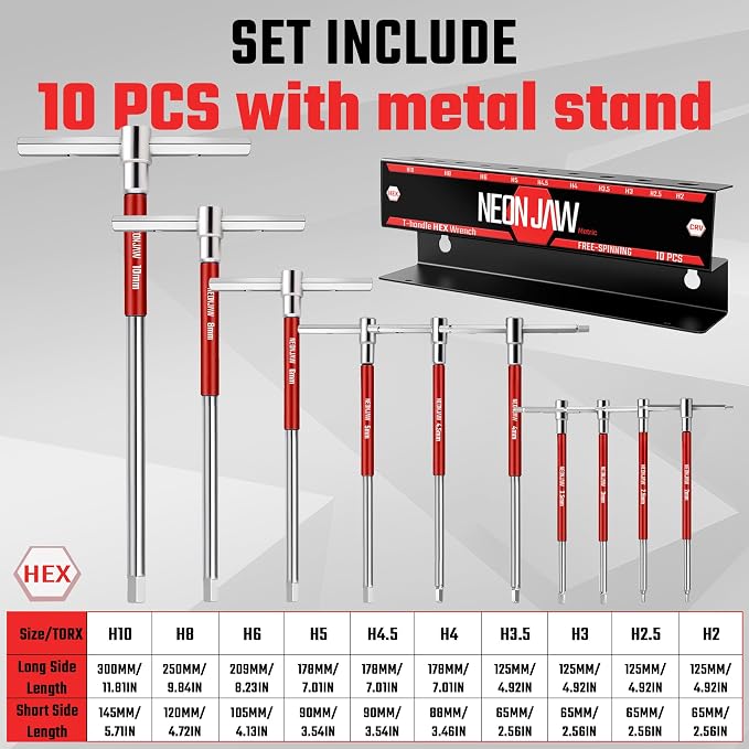10pcs T-Handle Hex Allen Key Wrench Set 10mm 8mm 6mm 5mm 4.5mm 4mm 3.5mm 3mm 2.5mm 2mm with 3-Way Sliding Handle, Spinning Sleeve, Steel Storage Rack for DIY, Mechanics, Red