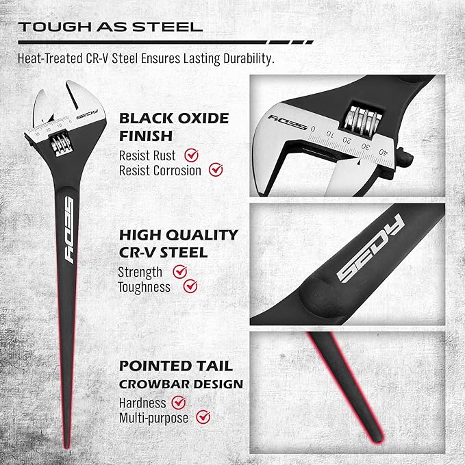 3-Piece Adjustable Spud Wrench Set, 10-inch, 12-inch, 16-inch, SAE and Metric Scale Marked, CR-V Steel with Black Oxide Finish