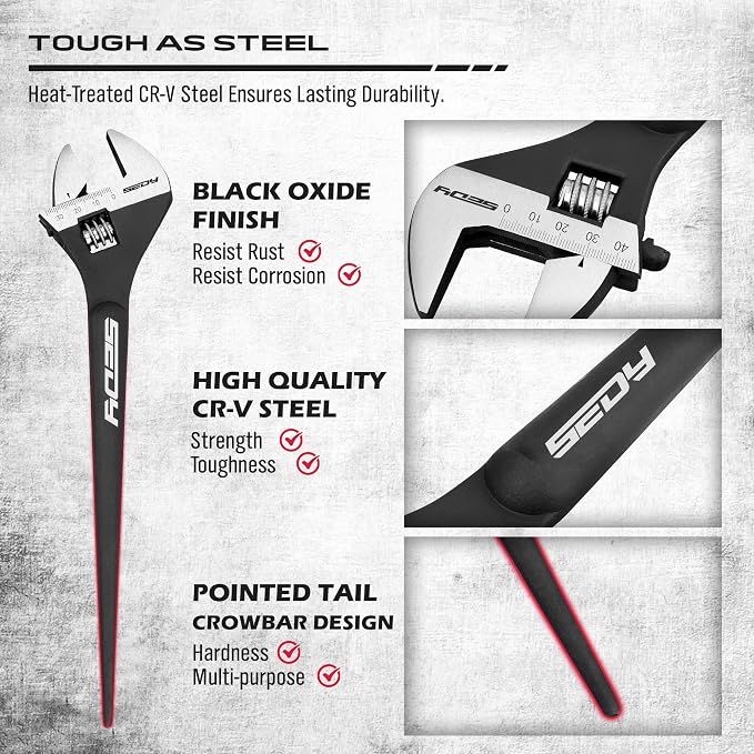 3-Piece Adjustable Spud Wrench Set, 10-inch, 12-inch, 16-inch, SAE and Metric Scale Marked, CR-V Steel with Black Oxide Finish (Pack of 2)