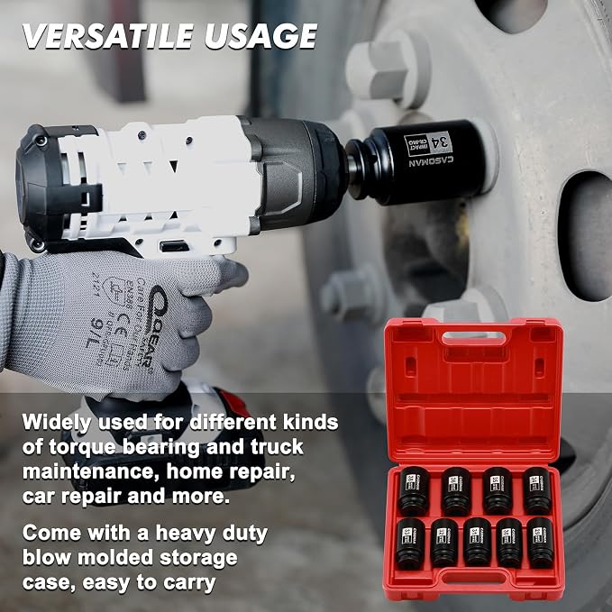 CASOMAN large socket set 1/2- Inch Drive Deep Spindle Axle Nut Impact Socket Set, 6 Point, CR-MO, Metric, 29mm-38mm, 9-Piece 1/2" Dr. Deep Impact Socket Set