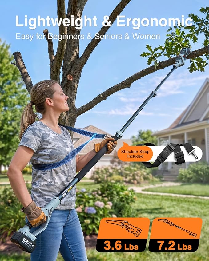 TaskStar 2-in-1 Pole Saw for Tree Trimming, 8-Inch Cordless Brushless Chainsaw with Adjustable Extension Pole, 2×4.0Ah Rechargeable Batteries & Charger, Auto Oiling, 15 Ft Max Reach