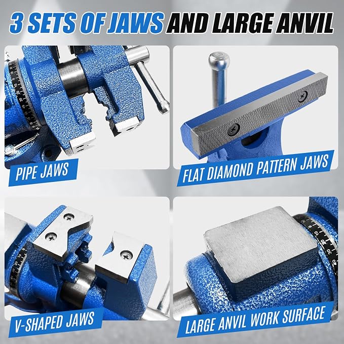 Heavy Duty Bench Vise 4“ Jaw Width and Opening, 360° Swivel Base with Anvil