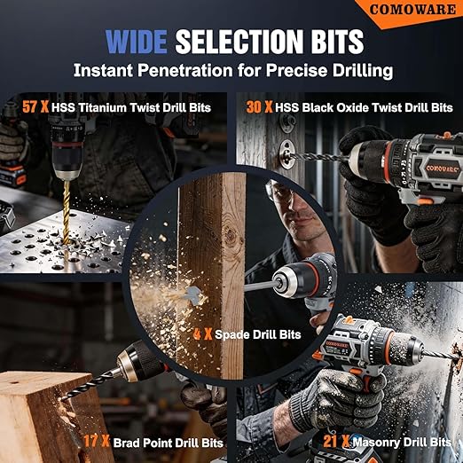 COMOWARE Drill Bit Set, 246 Pcs for Cordless Drill, Drill Driver Bit Set for Wood, Metal, Masonry, Cement and Screwdriver Bits Set Combo Kit