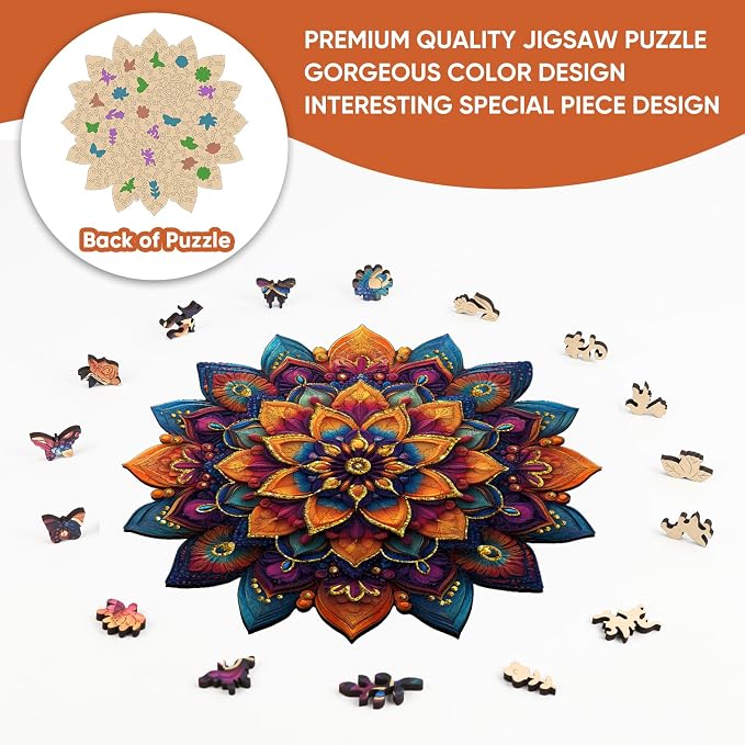 Mys Aurora Purple Mandala Puzzles for Adults, 200 Piece Colorful Flower Jigsaw Puzzles, Unique Shaped Round Wooden Puzzles for Adults and Kids, Fun Challenge for Birthday Gift, 11.2 x 11.2 Inches