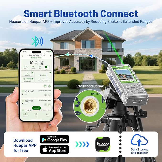 Huepar Pro Laser Measuring Tool, 330Ft Outdoor Laser Measure with Camera & Bluetooth Connected, Laser Distance Meter with P2P Technology, Free APP, IP68, Micro USB Cable, Hand Strap & Pouch -SW-100GQ