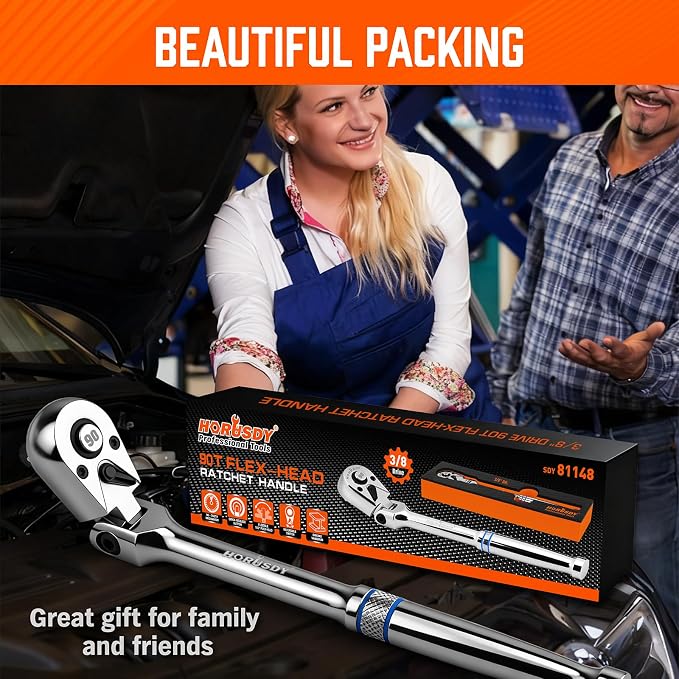 HORUSDY 3/8" Drive 90-Tooth Flex Head Ratchet Handle, 180° Adjustable CR-V Ratchet with Quick Release & Reversible Switch, 4° Swing Arc Socket Wrench for Automotive, Bike & DIY Repair