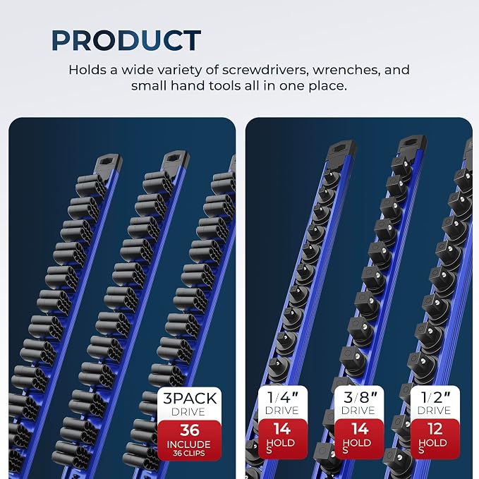 Reniteco 6-Piece Magnetic Socket Organizer and Screwdriver Organizer Set | 3-Piece 1/4", 3/8" & 1/2" Drive Socket Rails, 3-Piece Wrench Screwdriver Holder, Interchangeable Clips, Aluminum Alloy Rail
