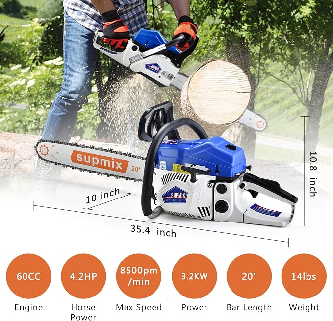 SUPMIXTOOLS 20 Inch Gas Chainsaw 62cc Gasoline Powered Chain Saw 2-Stroke Handheld Cordless Petrol Chainsaws for Cutting Wood Outdoor Home Farm Garden Use