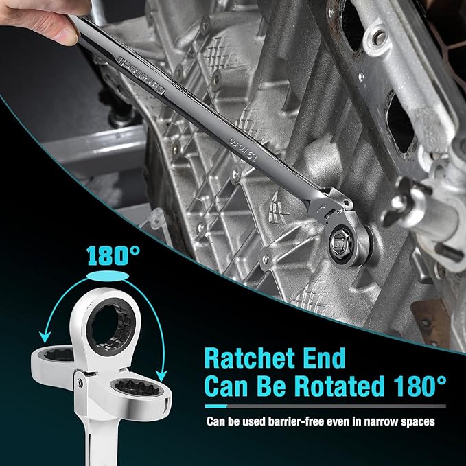 DURATECH 27PCS Extra Long Flex Head Ratcheting Wrench Set, 8-22mm | Double Box End Ratchet Wrench Set with E-type 8-22mm Replacement Heads, 10x19mm, 1/4", 3/8", 1/2" Socket Adapters