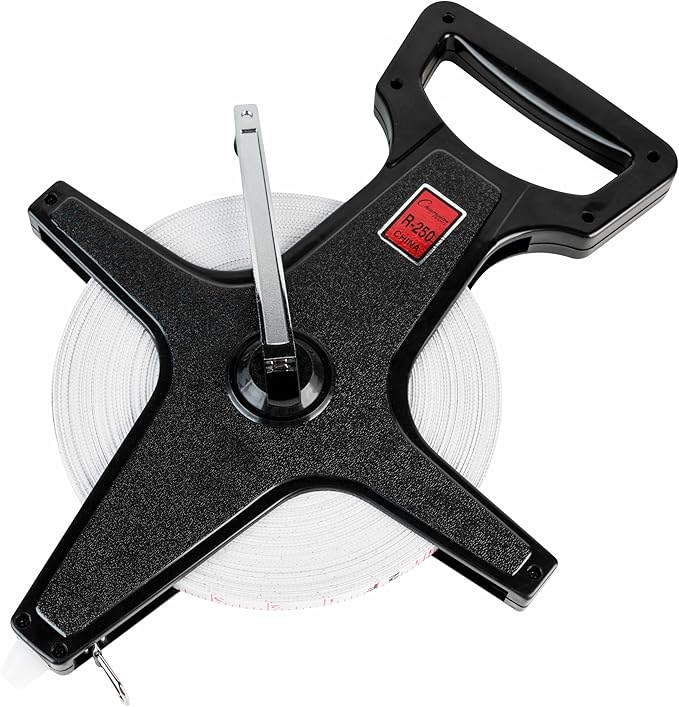 Champion Sports Open Reel Measuring Tapes – Durable Hand Crank with Metal Spike, Dual-Sided Feet & Meters, Perfect for Track & Field and Long Jump, 250 Feet/75 Meters