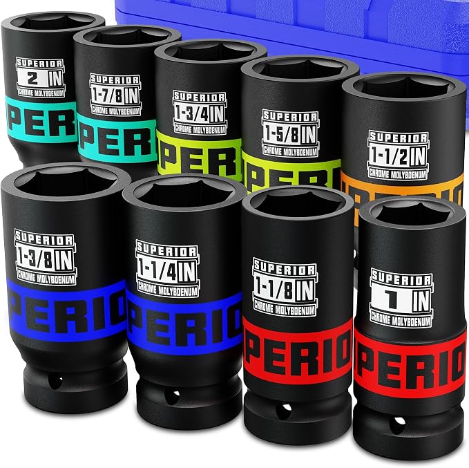 9 Piece 1" Drive Deep Impact Socket Set, 1" - 2" Jumbo Socket, SAE, 6-Point, Heavy Duty CR-MO, Truck Tire Service, Mechanical Equipment Maintance