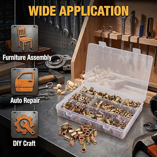 440-piece Rivet nut Tool Set, Metric Rivet nut Assortment (M3/M4/M5/M6/M8), Suitable for Decorative Applications; Ideal for use in Furniture, Automotive, Marine, and Industrial sectors
