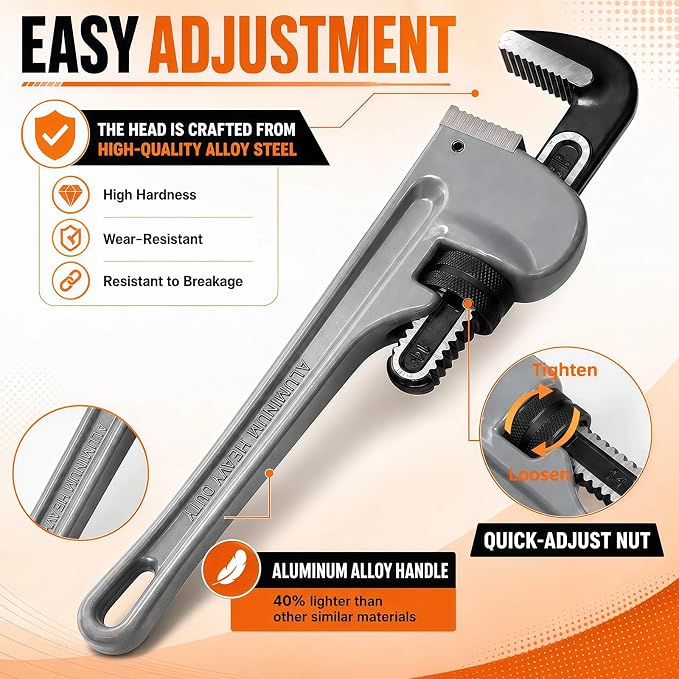 5-Piece Aluminum Pipe Wrench Set,8"/10"/12"/14"/18" Plumbing Wrench | Ultra-Light Aluminum Alloy Handle, Anti-Slip Jaws, Adjustable Pipe Wrench, for Plumbers, Home, Pipeline, Auto Repair, DIY
