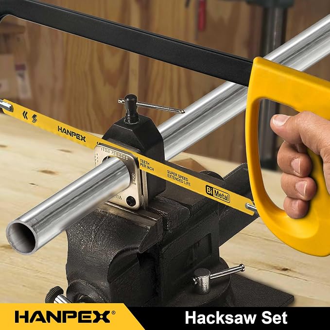 Hanpex 12in. High-Tension Hacksaw Frame with 10pcs Extra Bi-metal Blades, Hand Saw Suitable for Metal, wood, PVC, Carpentry