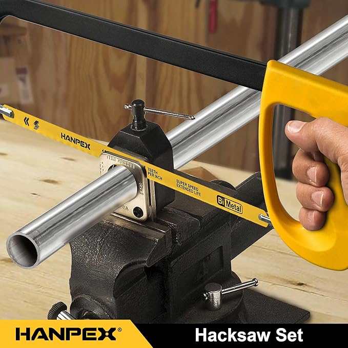 Hanpex 12in. High-Tension Hacksaw Frame with 10pcs Extra Bi-metal Blades, Hand Saw Suitable for Metal, wood, PVC, Carpentry