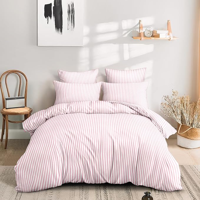 Sedefen Striped Duvet Cover Queen Size Pink Stripes Bedding Set 3 Pcs Kids Boys Girls Women White Geometric Stripe Reversible Soft Microfiber Duvet Cover with 2 Pillowcases