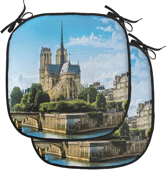 Lunarable Paris Chair Cushion Pads Set of 2, Notre-Dame Building Paris Monument Travel Destinations Photo, Anti-Slip Seat Padding for Kitchen & Patio, 16"x16", Pale Coffee Pale Blue