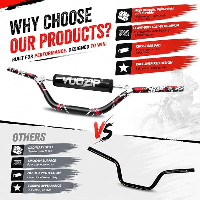 1-1/8" 28mm Mid-Rise Dirt Bike Handlebars - 6061-T6 Aluminum Heavy-Duty Handlebar with Foam Pad, Grips & Riser Clamp Kit, Universal Fit for Motocross Pit Bike ATV Quad (Type-B)