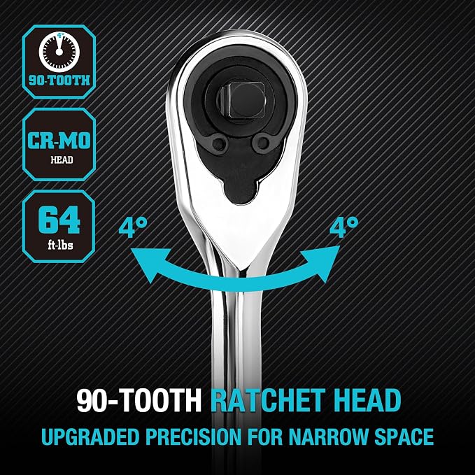 DURATECH Extra Long Handle 1/4-Inch Drive Ratchet, 90-Tooth Ratchet Wrench | Socket Wrench with 8" Handle and Dust Proof Teardrop Enclosed Head, Reversible, CR-V Steel Made, CR-MO Head, Full Polished