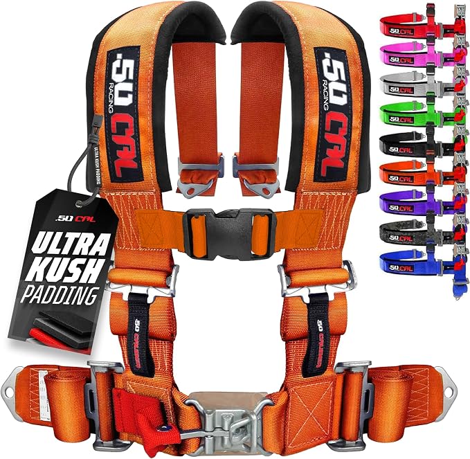 1pc 50 Cal Orange 4 Point Harness 2" straps, Racing Harness Seat Belt | Ultra Kush padding, Push Button quick release hardware. Universal Fit for UTV, RZR, race car