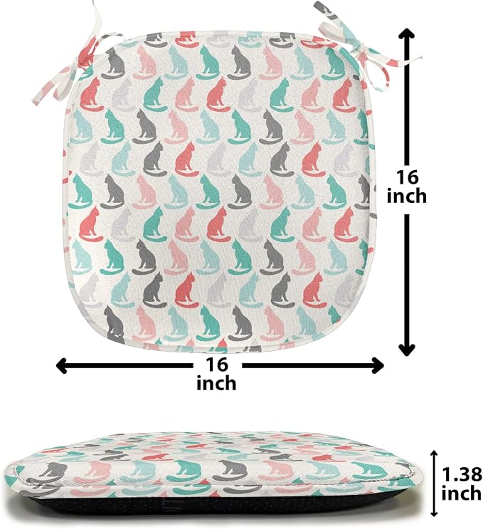 Lunarable Cat Chair Seating Cushion Set of 12, Pattern of Sitting Cat Silhouettes Kitten Pet Repetition Simple Illustration, Anti-Slip Seat Padding for Kitchen & Patio, 16"x16", Turquoise Coral Cream