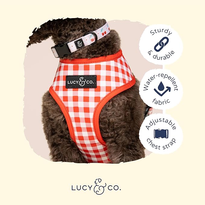 Lucy & Co. Reversible Dog Harness - Water-Repellent Neoprene, Dual-Print Design, Easy Swap Style, Adjustable Comfort Fit - Cheery Cherries Reversible Harness - Large