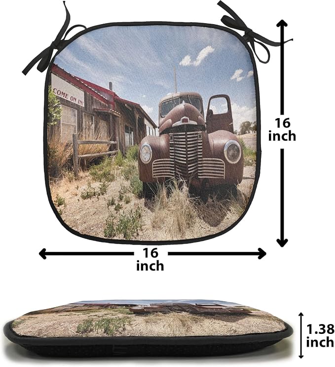 Lunarable Americana Chair Cushion Pads Set of 4, Abandoned Restaraunt on Route 66 Come on in Sign Desert Road Rusty Old Car, Anti-Slip Seat Padding for Kitchen & Patio, 16"x16", Brown Multicolor