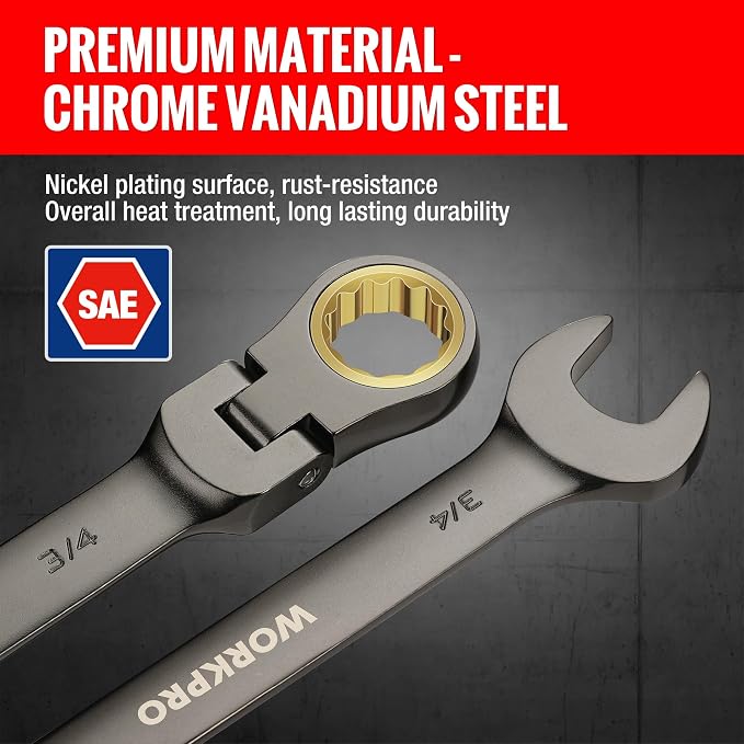WORKPRO 8-piece Ratcheting Combination Wrench Set, SAE & Nickel Plating | SAE 5/16-3/4 in, 180° Flex-Head, 72-Teeth Cr-V Steel, Combination Wrench Set with Organizer Bag for Auto Repair & Home DIY