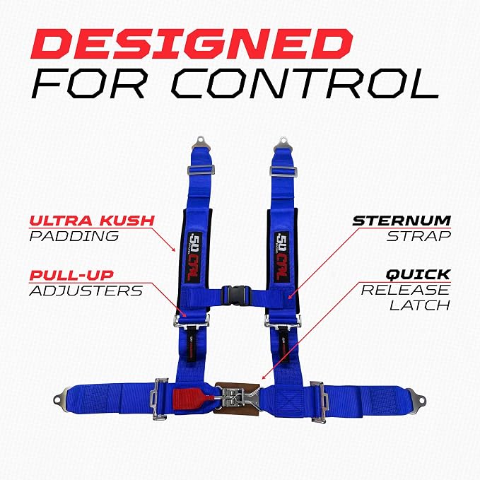 1pc 50 Cal Blue 4 Point Harness 2" straps, Racing Harness Seat Belt | Ultra Kush padding, Push Button quick release hardware. Universal Fit for UTV, RZR, race car