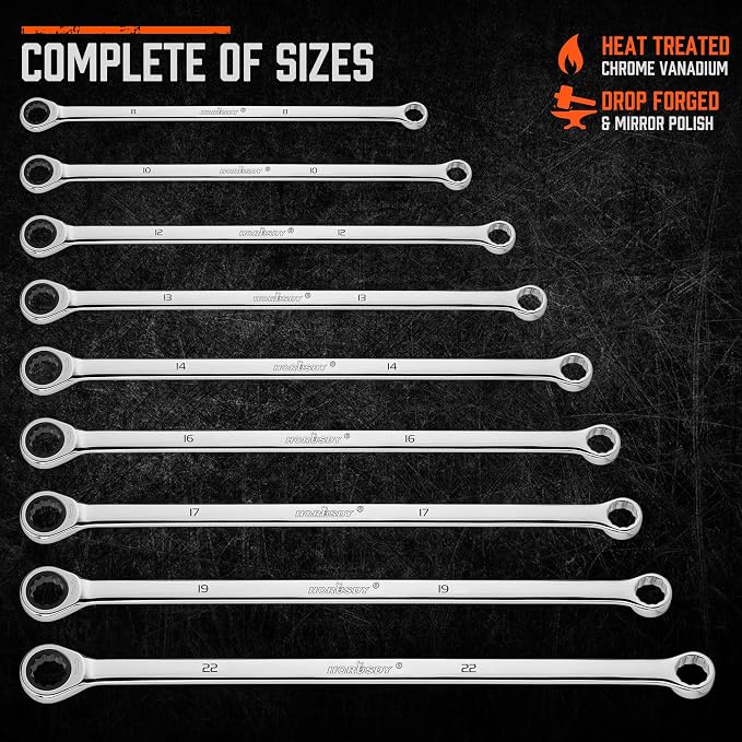 HORUSDY Extra Long Ratcheting Wrench Set, 8-22MM Double Box End, 9-Piece Metric CR-V Steel, with EVA Foam Tool Organizer