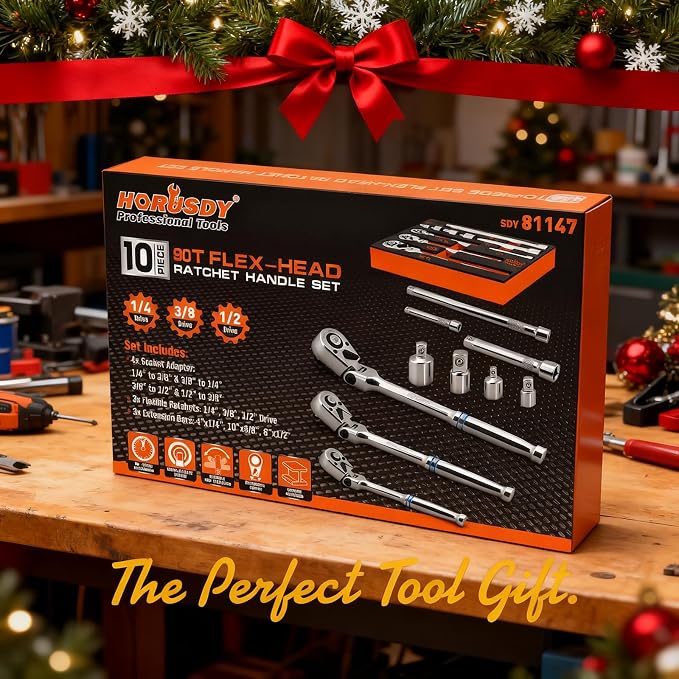 10-Piece Flex-Head Ratchet Set, 1/4", 3/8" & 1/2" Drive Socket Wrenches, 90-Tooth Quick-Release Reversible Low-Profile, Extension Bars (4", 10", 6") & 4 Adapters for Automotive, Bike, and Home Repair