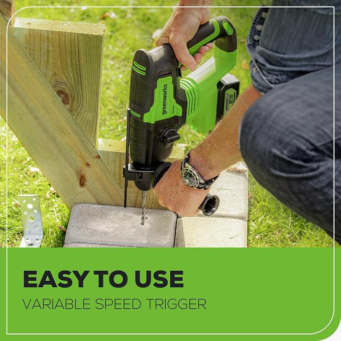 Greenworks 24V Cordless Rotary Hammer, 2.1 Joules, Brushless Motor, 1" SDS Plus Rotary Hammer Drill, 4 Modes, LED Light, 4Ah Battery & Charger Included, Ideal for Concrete, Masonry & Demolition