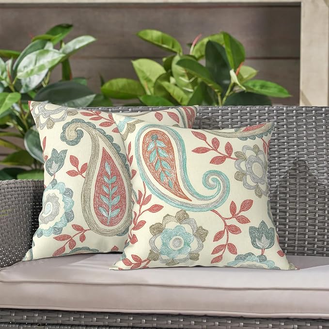 LVTXIII Outdoor Throw Pillows 16x16 Inch, Set of 2 Square Decorative Pillows with Inserts for Patio Furniture, Porch Chair, Garden Sofa, Paisley Vintage