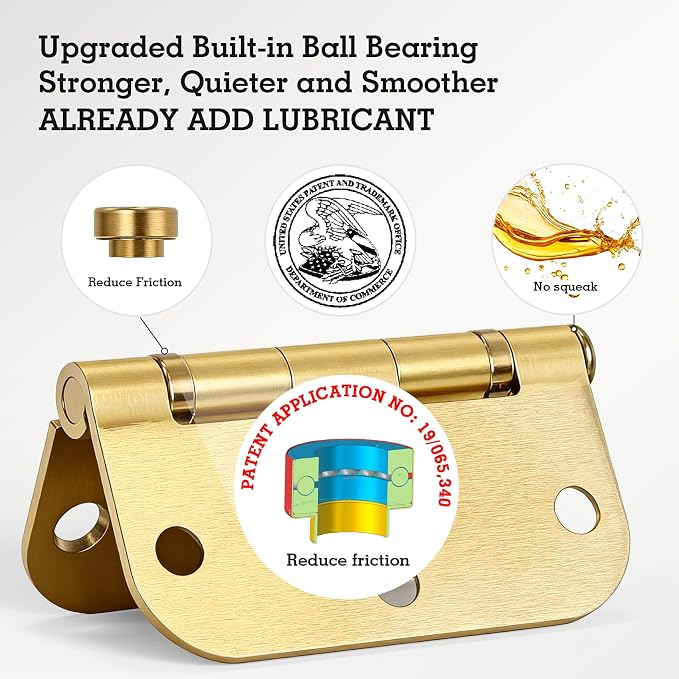 24 Pack Ball Bearing Door Hinges Satin Brass 3.5 Inch 5/8"Radius Rounded Squeak Free Interior 3-1/2"Flat Iron Bifold Standard Office Bedroom Indoor for Doors 3 ½" Hardware Home House Decor Essentials