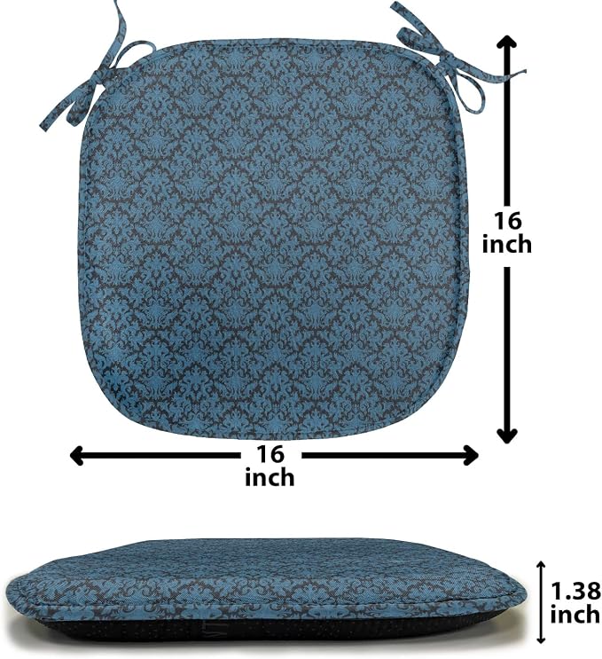 Lunarable Damask Blue Chair Seating Cushion Set of 4, Repetition with Rococo Inspired Royal Style Ornamental Pattern, Anti-Slip Seat Padding for Kitchen & Patio, 16"x16", Dark Grey and Turquoise
