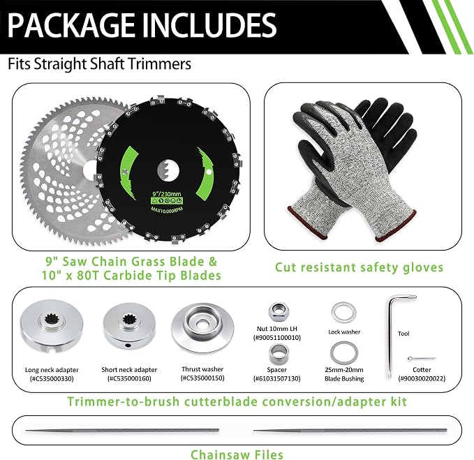 Brush Cutter Trimmer Conversion Kit with 9"x20T Carbon Steel Chainsaw Brush Cutter Blade & 10"x80T Carbide Tip Blades, Includes Files, Gloves Compatible with Echo Models SRM-225, SRM-266, SRM-280 etc