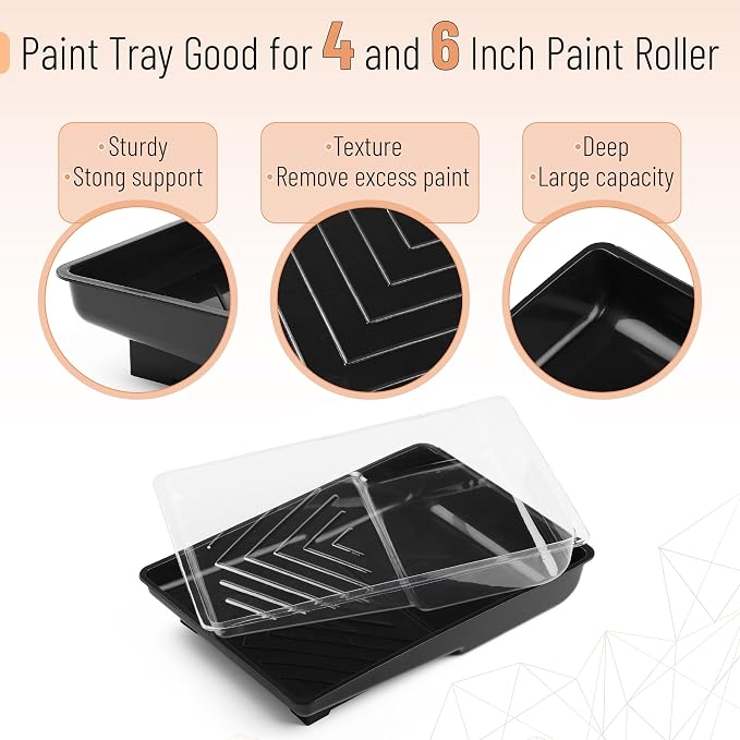 Bates- 6 Inch Paint Roller Tray Set, 12 pcs, 6 Inch Paint Tray Kit, 1x Black Plastic Paint Tray, 10x Transparent Liners & 1x 4 Roller Frame