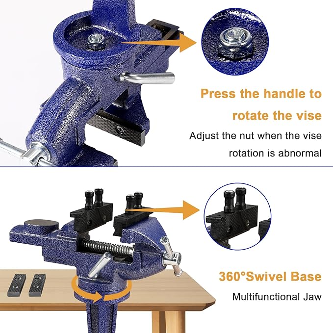 Table Vise, 3" Bench Vise Universal Rotate 360° Work Clamp-On Vise, Table Vice clamp With Multifunctional Jaw for Woodworking, Drilling, Sawing, Metal Working