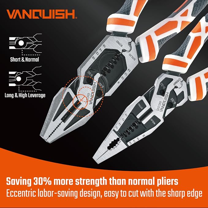 VANQUISH 2 Pcs Pliers Set, 8 Inch Multifunctional Linesman and Long Nose Plier, Wire Cutter/Crimper/Stripper, CRV Steel Heavy Duty Pliers