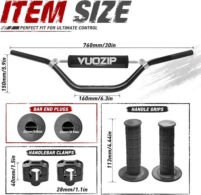 1-1/8" 28mm Mid-Rise Dirt Bike Handlebars - 6061-T6 Aluminum Heavy-Duty Handlebar with Foam Pad, Grips & Riser Clamp Kit, Universal Fit for Motocross Pit Bike ATV Quad (Type-C)