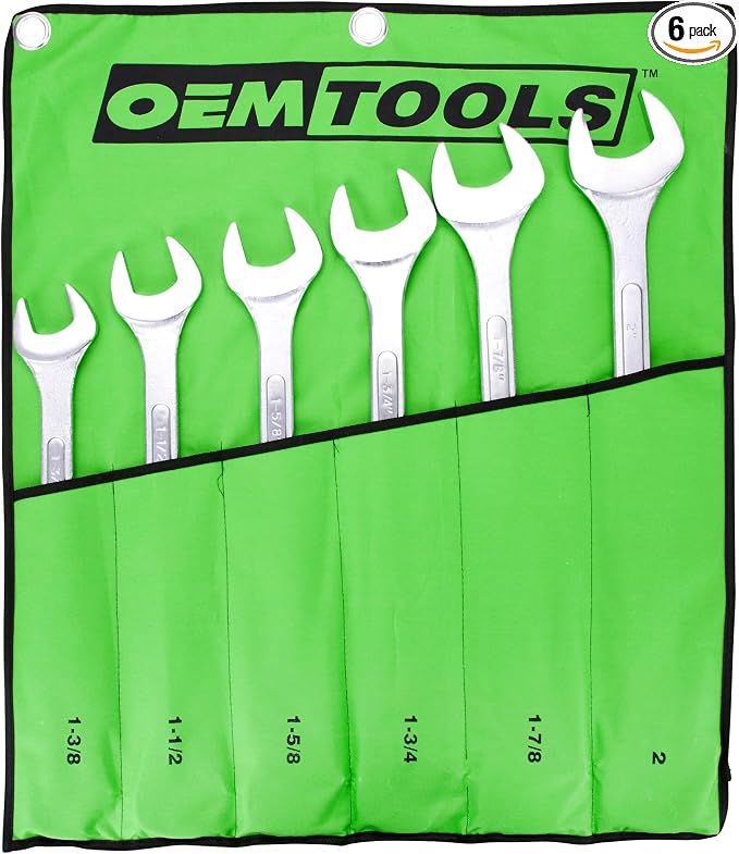 OEMTOOLS 6-PC SAE Jumbo Angle Head Combination Wrench Set 1-3/8" to 2" | Chrome-Plated to Resist Rust, Chrome Plated Finish, Includes Nylon Wrench Roll, Durable Carbon Steel
