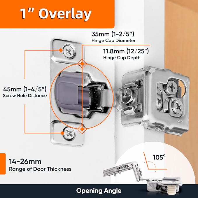 Decobasics 2 Pack Soft Close Cabinet Hinges – 1" Overlay for Kitchen Cabinet Doors, Face Frame Concealed Hidden Hinges – Stainless Steel, Self-Closing with 3-Way Adjustment & Slow Close Damper