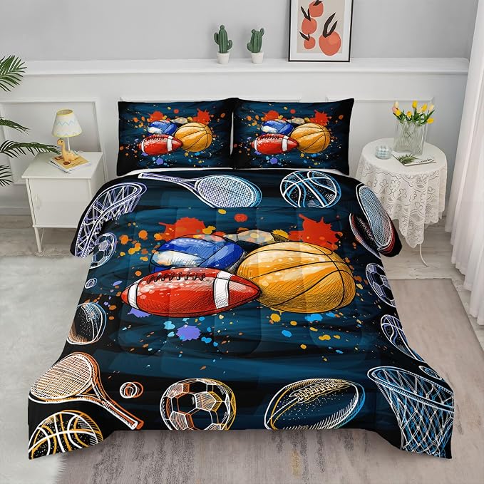 Axolotl Ball Game Bedding Set Full, Basketball & Volleyball Comforter Set Sports Bedding, Soccer & Football Comforter Colorful Grunge Style for Kids Boys Teens, 1 Quilt 2 Pillowcases