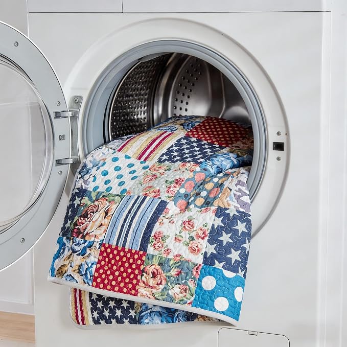 Quilts for Queen Bedding Set Bedspreads - Soft Lightweight Breathable Bedspread Comforter - Boho Cottagecore American Flag Patchwork Coverlet for All Season - 3 Pieces (New-Patchwork Flower, King)