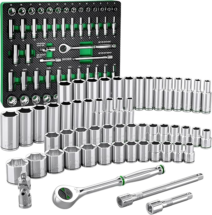 SK 3/8" Drive Socket Set with 90-Tooth Ratchet, SAE & Metric, CR-V Steel | 56-Piece Sockets, SuperKrome Finish, Heat Treated, with EVA Foam Tool Organizer