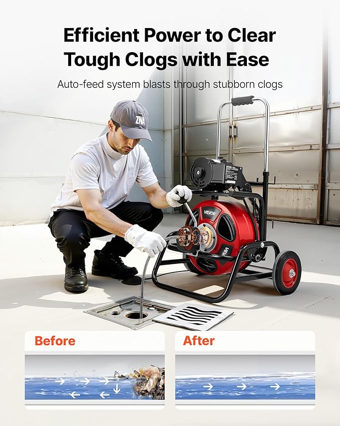 VEVOR Drain Cleaner Machine 100 FT x 3/8 Inch, Auto Feed Sewer Snake Auger, Portable Drain Cleaning Machine with Climbing Wheels, Adjustable Drum, 8 Cutters & Foot Switch for 2" to 4" Pipes