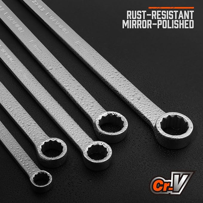HORUSDY 8-Piece Extra Long Double Box-End Wrench Set, 12-Point Metric 8–24 mm, CR-V Steel, 15° Offset, Off-Corner Loading, with EVA Foam Organizer