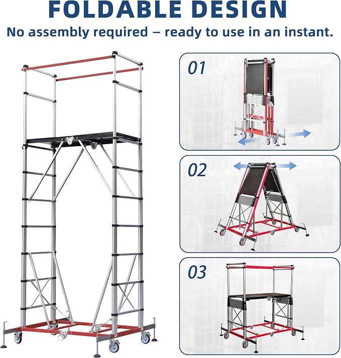 APARECIUM 12’ Aluminum Scaffolding, Foldable Scaffolding Ladder, Multipurpose Rolling Scaffolding Work Platform, Scaffold Tower, Ladder Stool Work Bench, Adjustable Work Platform, 330 Lbs Duty Rate