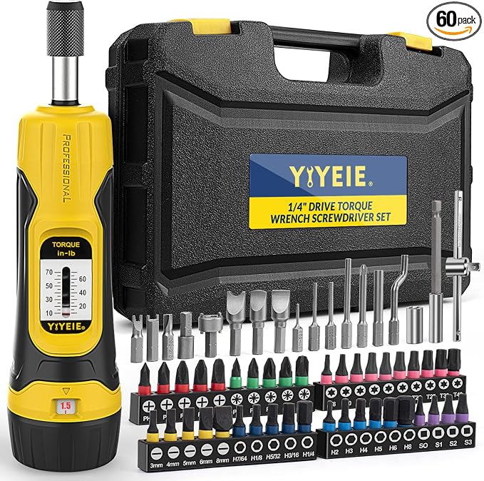 60Pcs Torque Screwdriver Set, 10-70 Inch Pounds Torque Driver for Maintenance with S2 Bits, 0.5 In-lbs Adjustable, 1/4" Drive Fat Wrench Torque Screwdriver for Gunsmithing, Bike Repairing, Mounting